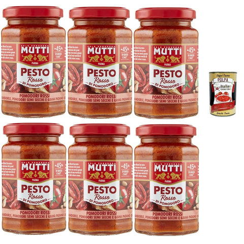 Mutti Pesto Mutti Pesto Rosso Pomodori Rossi Rotes Tomatenpesto Pasta Sauce 100% Tomate Glas Würzsaucen mit Mandeln, Tomaten, getrockneten Samen und Grana Padano 6x 180g inkl. Italian Gourmet polpa 400g Original italienisch 8005110001550