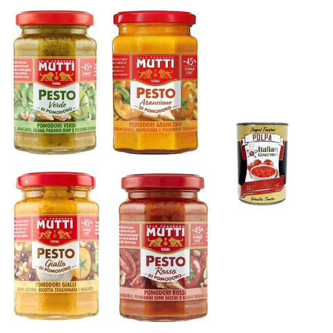 Mutti Pesto Mutti Pesto Testpaket Pomodori Tomatenpesto Pasta Sauce 100% italienische Tomate Glas 4x 180g Würzsaucen mit Cashewnüssen, Grana Padano und Pecorino Romano Original italienisch inkl. Italian Gourmet Polpa 400g 8005110002984