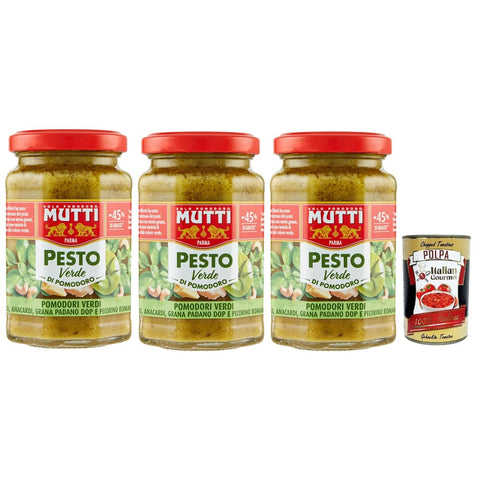 Mutti Pesto Mutti Pesto Verde Pomodori Verdi Grünes Tomatenpesto Pasta Sauce 100% Tomate Glas Würzsaucen mit Cashewnüssen, Grana Padano und Pecorino Romano 3x 180g inkl. Italian Gourmet polpa 400g Original italienisch 8032804040014