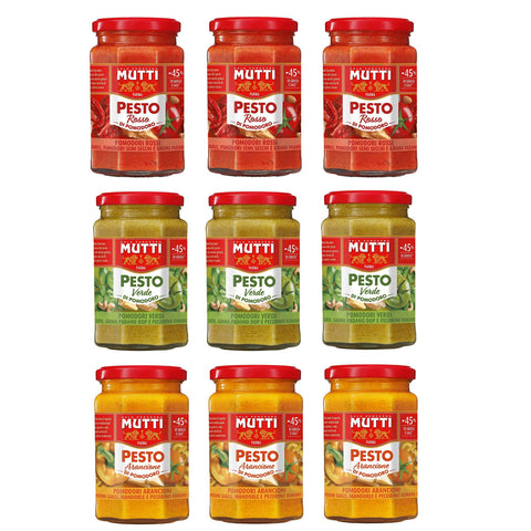 Mutti TESTPAKET Mutti Pesto Arancione Verde Rosso Pomodori Italiani orange Tomaten grüne Tomaten rote Tomaten Pesto 9 x 180g italienisch Original