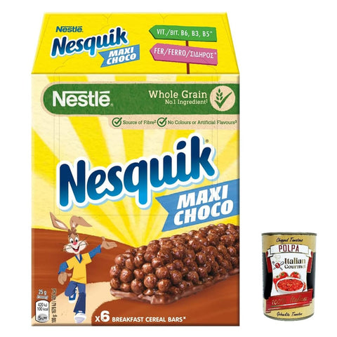 Nesquik Cereali Barrette Knabberartikel Nesquik Cereali Barrette ai cereali Müsli -Getreidestangen mit Schokolade und Milch, 6 x 25 g 12x Original italienisch inkl. Italian Gourmet Polpa 400g 5900020017437
