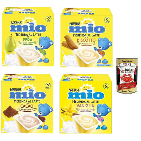 Nestle Fertiggerichte Nestle TestPaket MIO Snack 1x MIO Vanille Milch Snack, 1x MIO Milchsnack mit Birne, 1x Mio Snack mit Kakaomilch, 1x Mio Keks MilchSnack italienisch Original 7613032383473