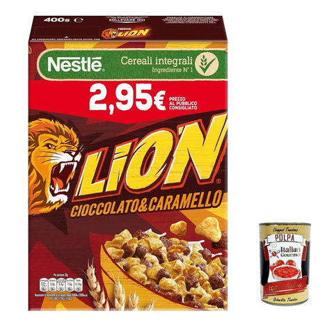 Nestle Kaltes Müsli Nestle Nestlé Lion Cereali Integrali Cioccolato e Caramello Getreide Vollkorn Cereals mit Schokolade und Karamell 400g 6x Original italienisch inkl. Italian Gourmet Polpa 400g 7613035361201