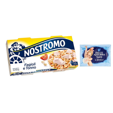 Nostromo Gemüsegerichte Nostromo Tonno e Fagioli Fertiggericht mit Thunfisch und Bohnen,2x150g 5er-Pack Original italienisch inkl. 1er-Pack Kostenlos Felce Azzurra Talkumpuder, 100g-Beutel 8001280026102