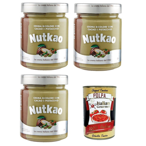 Nutkao Crema Bicolore con Cacao e Pistacchio Zweifarbige Creme mit Kakao und Pistazien 3x330 g italienisch Original Pastasauce + kostenlos Polpa 400 g