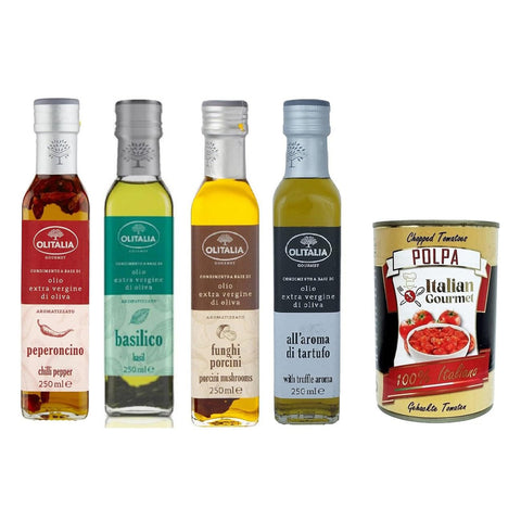 Olitalia Testpaket Dressing auf Basis von nativem Olivenöl extra Chilischote Basilikum Steinpilze Trüffel 4x250ml italienisch Original
