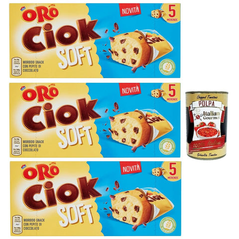 Oro Ciok Soft Snack Kuchen & Backwaren Oro Ciok Soft Weicher Snack mit knusprigen Schokoladenstückchen, einfacher und köstlicher Kuchen, natürliche Ballaststoffquelle, 3x 150 Original italienisch inkl. Italian Gourmet Polpa 400g 8032804040014