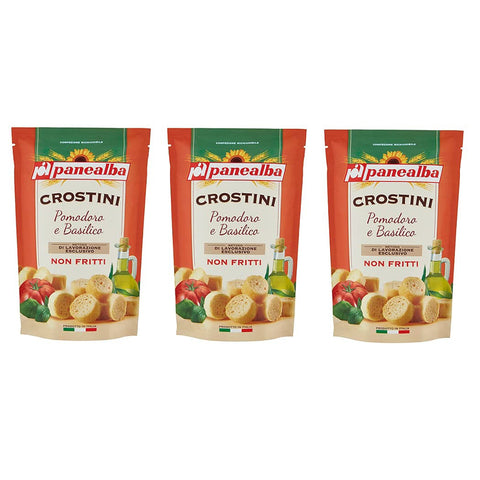 Panealba Crostini Pomodoro e Basilico Croutons mit Tomate und Basilikum Gesalzener Snack Nicht Gebraten Nicht 3x100g Original italienisch Gebäck