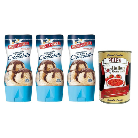 Paneangeli Dessertsaucen Paneangeli Salsa di guarnizione al gusto Cioccolato,Topping-Sauce mit Schokoladengeschmack,200g-Tube 3x Original italienisch inkl. Italian Gourmet Polpa di Pomodoro 400g Dose 8003000366703