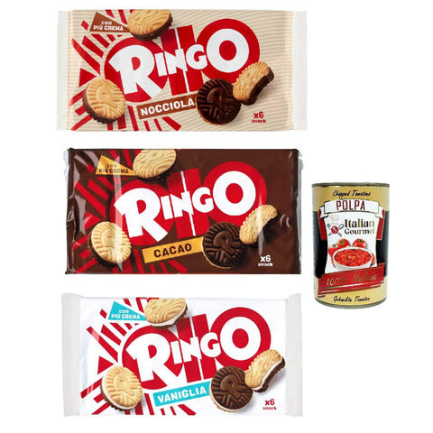Testpaket Pavesi Ringo Nocciola Haselnuss Kakao Vanille Kekse Biscuits Cookies 3x330 g Familienpaket italienisch Original + kostenlos polpa 400 g