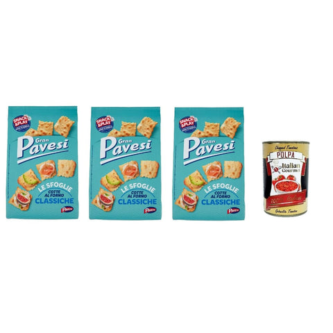 Pavesi Snack Kuchen & Backwaren Pavesi Gran Sfoglie Classiche Cracker im Ofen gebacken knusprig Salzgebäck snack 3x 180 gr Original italienisch inkl. Italian Gourmet Polpa 400g 8013355501278