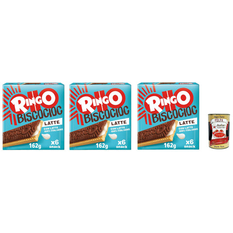 Pavesi Ringo Bisco Cioc Latte Keks mit Milchfüllung und Schokoladenüberzug für einen süßen und leckeren für zwischendurch 3x162 g italienisch Original Kekse +