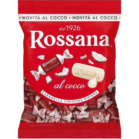 Perugina Frucht- & Kräuterbonbons Perugina Rossana al Cocco Caramelle Candies Bonbon Lollies Hartbonbons mit cremiger Füllung auf Basis von Milch und Kokosnuss 150g Beutel 6x Original italienisch inkl. Italian Gourmet Polpa di Pomodoro 400g Dose 8008696031577