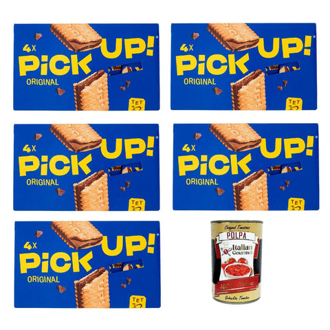 Pick Up Kekse, Zwieback & Chips Pick Up, Milchschokoladentafel im Doppelkeks, Packung, Jede Packung enthält 4 Kekse à 28g 5x 112g inkl. Italian Gourmet Polpa di Pomodoro 400g Dose Original italienisch 8032804040014