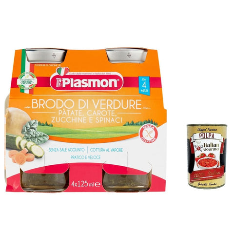 Plasmon Brühe & Fond Plasmon Brodo Di Verdure, Gemüsebrühe mit Kartoffeln, Karotten, Zucchini und Spinat 4x125g Liquido 3x Original italienisch inkl. Italian Gourmet Polpa 400g 8001040062203