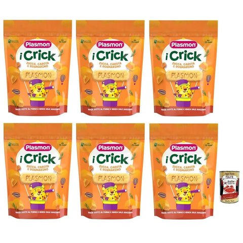 Plasmon Crackers Plasmon i Crick,Snacks mit Kürbis-, Karotten- und Rosmarin Geschmack Beutel mit 100g 6x Original italienisch inkl. Italian Gourmet Polpa di Pomodoro 400g Dose 8001040199466