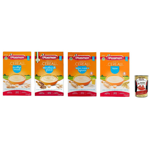 Plasmon Kaltes Müsli Plasmon Crema di Cereali riso, mais e tapioca, semolino di grano, Quattro Cereali 4x 230g Testpaket Original italienisch inkl. Italian Gourmet Polpa 400g 8001040040645