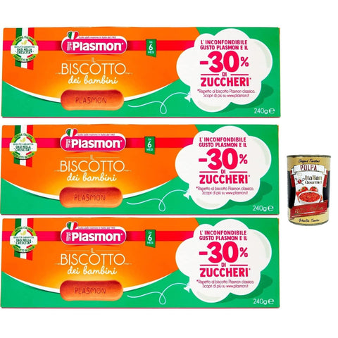 Plasmon Biscotti dei Bambini - 30% Zucker 3x240 g italienisch Original Kekse + kostenlos polpa 400 g