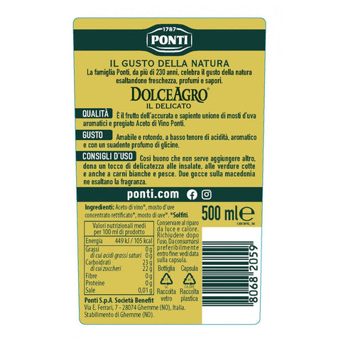 Ponti Dolceagro Condimento Delicato Amabiles und runder Geschmack geringer Säure verleiht Salaten Gemüse Fleisch und Fisch einen Hauch von Delikatesse 6x500 ml