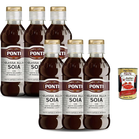 Ponti Essig Ponti Soja Glasur mit Balsamico Essig von Modena I.G.P., ideal für alle Rezepte, herzhafter und intensiver Geschmack, 100% in Italien, 6x 240 g Set italienisch Original 8032804040014