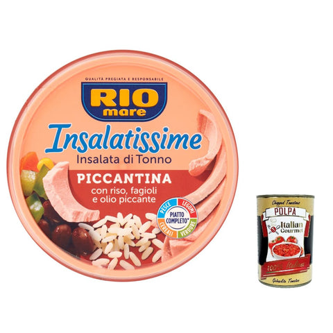 Rio Mare Fleisch, Geflügel & Wild Rio Mare Insalatissime Insalata di Tonno Piccantina, mit Reis, Bohnen und würzigem Öl 220 g 6x Original italienisch inkl. Italian Gourmet Polpa 400g 8032804040014