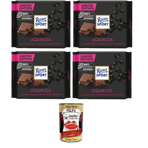 Ritter Spot Liquirizia Limitierte Ausgabe Milchschokolade mit Lakritzstückchen 100% nachhaltiger Kakao 4 Packungen 100 g italienisch Original Pastasauce +