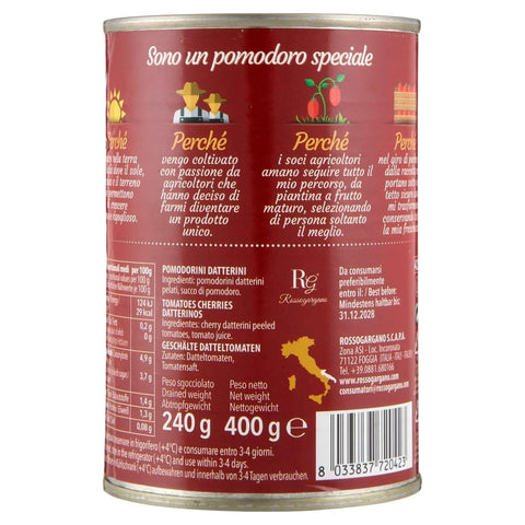 Rosso Gargano Gemüse Rosso Gargano pomodori Datterini Pelati di Puglia, 100 % italienische Datterini-Tomaten, geschält in der Dose, ideal für Pizza, Pasta, Saucen und die mediterrane Küche, 24 x 400 g 8033837720423