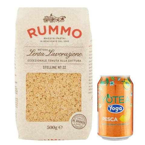 Rummo Pasta Stelline N°22,Italienische Nudeln aus Hartweizengrieß,500g 16er-Pack Original italienisch inkl. 1er-Pack Yoga Eistee Pfirsich 330ml Dose