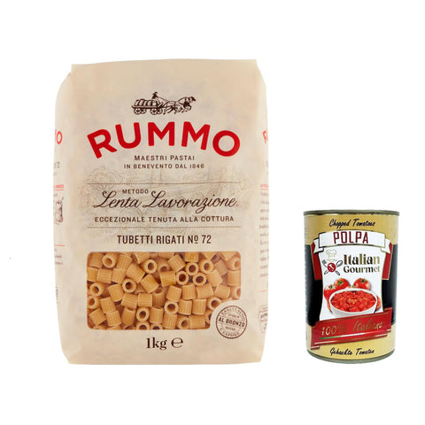 Rummo Tubetti rigati N. 72 Hartweizengrieß Pasta Italienische Nudeln Packung 1 kg 12x italienisch Original + kostenlos Polpa di Pomodoro 400 g Dose