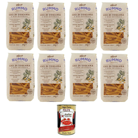 Rummo Penne Rigate N°66 Glutenfreie Pasta mit toskanischen Kichererbsen und braunem Reis 8x 300gr Original italienisch inkl. Italian Gourmet Polpa 400g