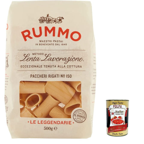 Rummo Längliche Pasta Rummo Paccheri Rigati N. 150 Pasta Lenta Lavorazione Teigwaren aus Hartweizengrieß Bronze-Zeichnung 500g 12x Original italienisch inkl. Italian Gourmet Polpa 400g 8004690053218