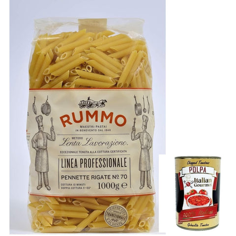 Rummo Längliche Pasta Rummo Pennette rigate N. 70 Hartweizengrieß Pasta Italienische Nudeln 1kg Packung 12x Original italienisch inkl. Italian Gourmet Polpa di Pomodoro 400g Dose 8008343230704
