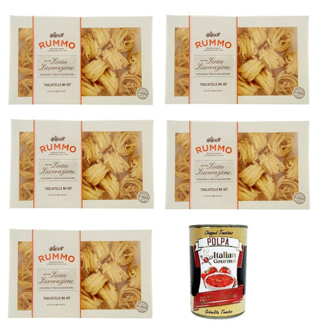 Rummo Nudeln & Pasta Rummo Tagliatelle N° 107, Pasta Lenta Lavorazione Teigwaren aus Hartweizengrieß Bronze Zeichnung 5x 500 g italienisch Original 8008343201070