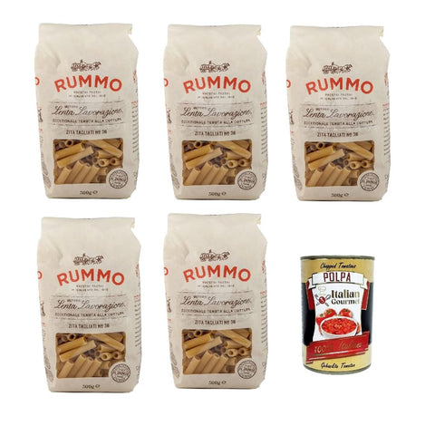 Rummo Nudeln & Pasta Rummo Ziti Tagliati n° 36 Pasta Lenta Lavorazione Teigwaren aus Hartweizengrieß Bronze-Zeichnung 5x 500g Original italienisch inkl. Italian Gourmet Polpa 400g 8008343200363