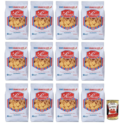 Russo Nudeln & Pasta Russo Calamarata N°27 Hartweizengrieß Pasta,100% Italienischer Weizen,500g-Packung 12x Original italienisch inkl. Italian Gourmet Polpa di Pomodoro 400g Dose 8000139926754