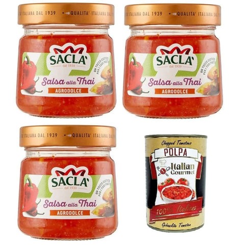 Saclà Chilisaucen Saclà Thai-Sauce, Würze auf Basis von Paprika, Knoblauch und Chili, scharf und süß-sauer, ideal zu Fleisch, Fisch und frittierten Gerichten, Glas, 3x210g Original italienisch inkl. Italian Gourmet Polpa 400g 8032804040014