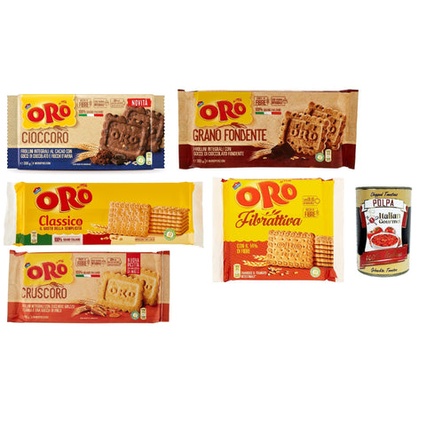 Oro Saiwa Testpaket, Classico - Grano fondente - Fibrattiva - Cruscoro - Cioccoro, Shortbread kekse, cookies mit 100 % italienischer Weizen, 5 stuck Original +