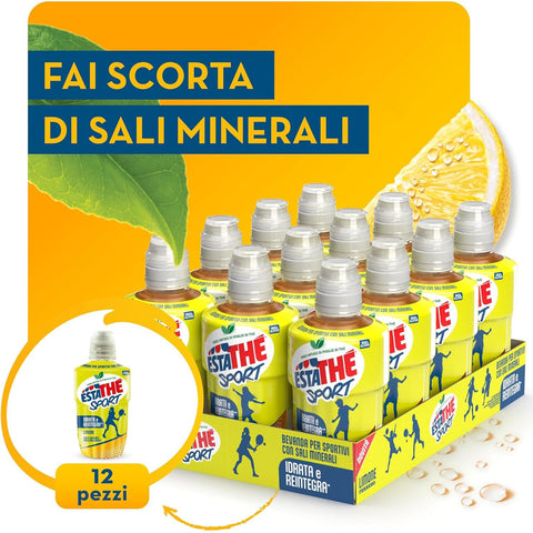 Estathè Sport Limone Erfrischendes Zitronengetränk mit Mineralien und praktischem Sportverschluss für Schule, Büro, Training, Fußball, Tennis und Fitness. 12 x 250 ml