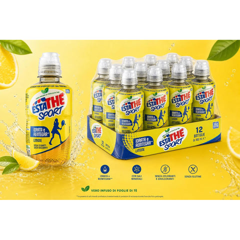 Estathè Sport Limone Erfrischendes Zitronengetränk mit Mineralien und praktischem Sportverschluss für Schule, Büro, Training, Fußball, Tennis und Fitness. 12 x 250 ml