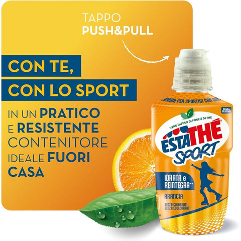 Estathè Sport Orange Tea Sportgetränk 12 x 250 ml – Erfrischendes Getränk mit Orangengeschmack, Mineralien und praktischem Sportverschluss für Schule, Büro, Training, Fußball, Tennis und Fitness.