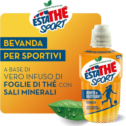 Estathè Sport Orange Tea Sportgetränk 12 x 250 ml – Erfrischendes Getränk mit Orangengeschmack, Mineralien und praktischem Sportverschluss für Schule, Büro, Training, Fußball, Tennis und Fitness.