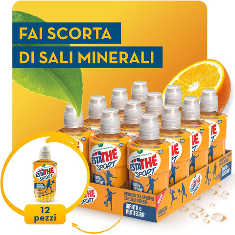 Estathè Sport Orange Tea Sportgetränk 12 x 250 ml – Erfrischendes Getränk mit Orangengeschmack, Mineralien und praktischem Sportverschluss für Schule, Büro, Training, Fußball, Tennis und Fitness.