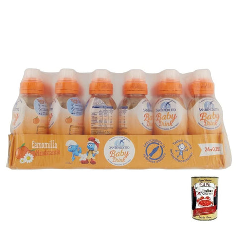 San Benedetto Getränke, Kaffee & Tee San Benedetto Baby Camomilla Mandarancio,Kamille mit Mandarine Geschmack,Kohlensäurefreies Getränk in Natürlichem Mineralwasser Pull-Push, 25cl 24x Original italienisch inkl. Italian Gourmet Polpa di Pomodoro 400g Dose 8001620017890