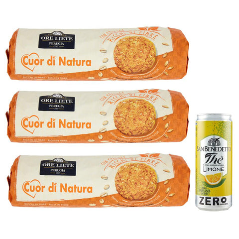 San Benedetto Ore Liete Cuor di Natura Biscotti con Cereali,Kekse mit Getreide,mit Vollkornmehl und ohne Zuckerzusatz,250g 3er-Pack Original italienisch inkl. 1er-Pack Kostenlos San Benedetto Eistee mit Zitrone Ohne Zucker 330ml Dose