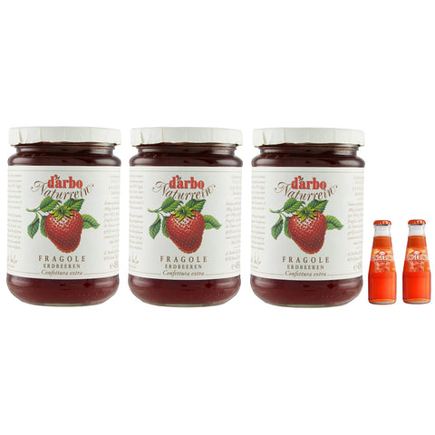 Sanpellegrino 3x Darbo Marmelade natürliche Erdbeeren, Erdbeermarmelade, Glas 450 g + 2x Recoaro italienischer Aperitivo 10 cl kostenlos Original Konfitüre
