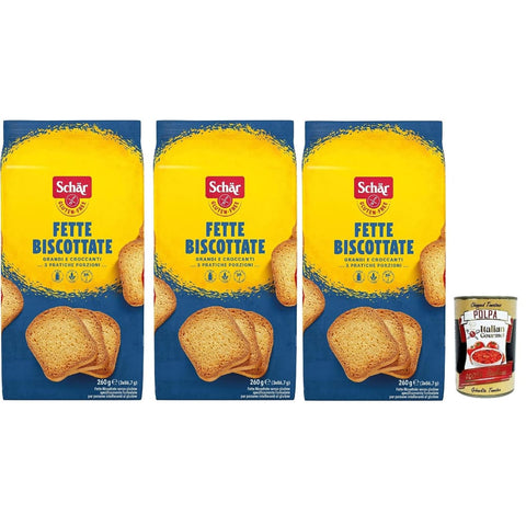 Schar Chips Schar Schär, Fette Biscottate, senza glutine, Zwieback Glutenfreie, Speziell für Menschen mit Glutenunverträglichkeit entwickelt, 3x 260g Original italienisch inkl. Italian Gourmet Polpa 400g 8008698028551