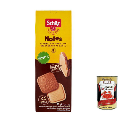 Schar 6x SCHÄR Notes, Glutenfreier Kekse mit cremige Füllung mit Milchschokolade 81 g + Itlaian gourmet polpa 400 g italienisch Original