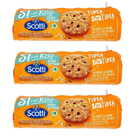 Scotti Riso Scotti Si con Riso Biscotto Multicereale Mehrkorn Kekse mit Schokoladenstückchen Laktosefrei Milcheiweißfrei Packung mit ca. 20 Keksen 250 g 3x