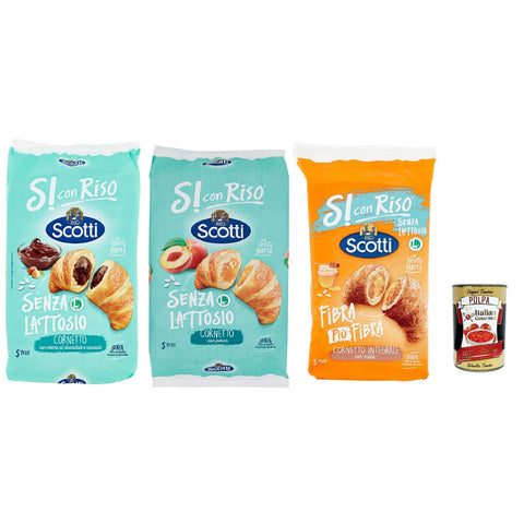 Riso Scotti, Si con Riso - Cornetti Testpaket, Laktosefreie Croissants mit Haselnusscreme, Pfirsichfüllung und Vollkornehl– Kuchen Laktosefreie süßer Snacks