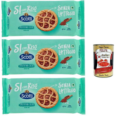 Riso Scotti Si con Riso, Crostatina Cacao, Kuchen Kekse mit laktosefreier Schokoladencreme, ideal zum Frühstück, ohne Palmöl, ohne Milchproteine, 3x 144 gr Original italienisch inkl. Italian Gourmet Polpa 400g